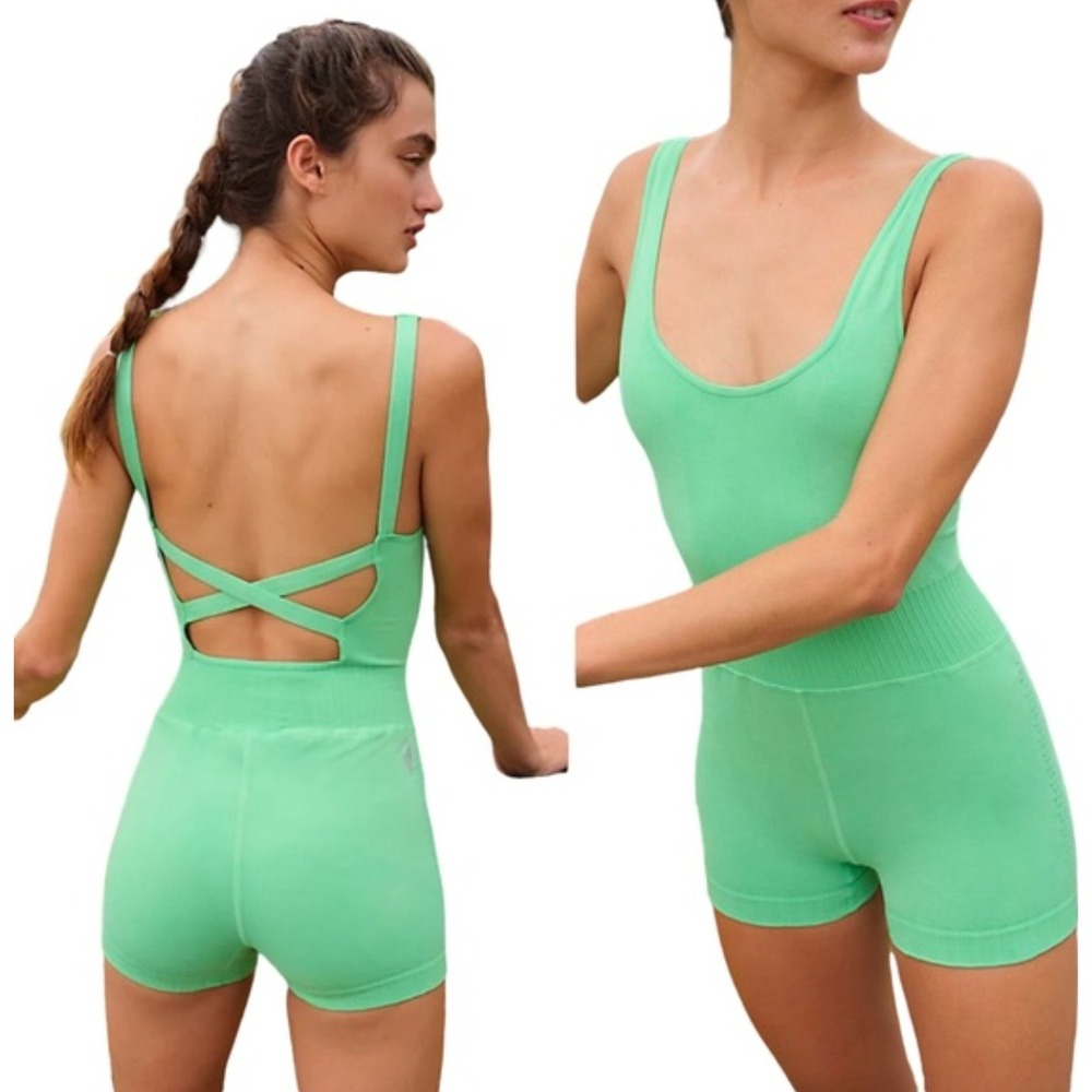 Free People FP Movement Good Karma Runsie Romper‎ Green M L Activewear Strappy